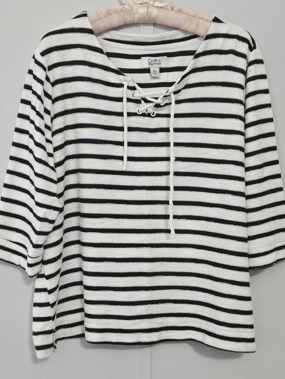 Croft & Barrow Size XXL Black & White Striped 3/4 Sleeve Women's Pullover Terry